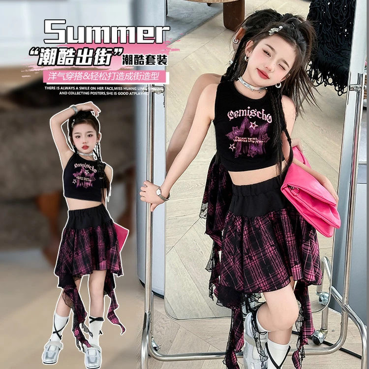 【贝贝优品】女童夏季新款 D06不规则辣妹风短袖套装