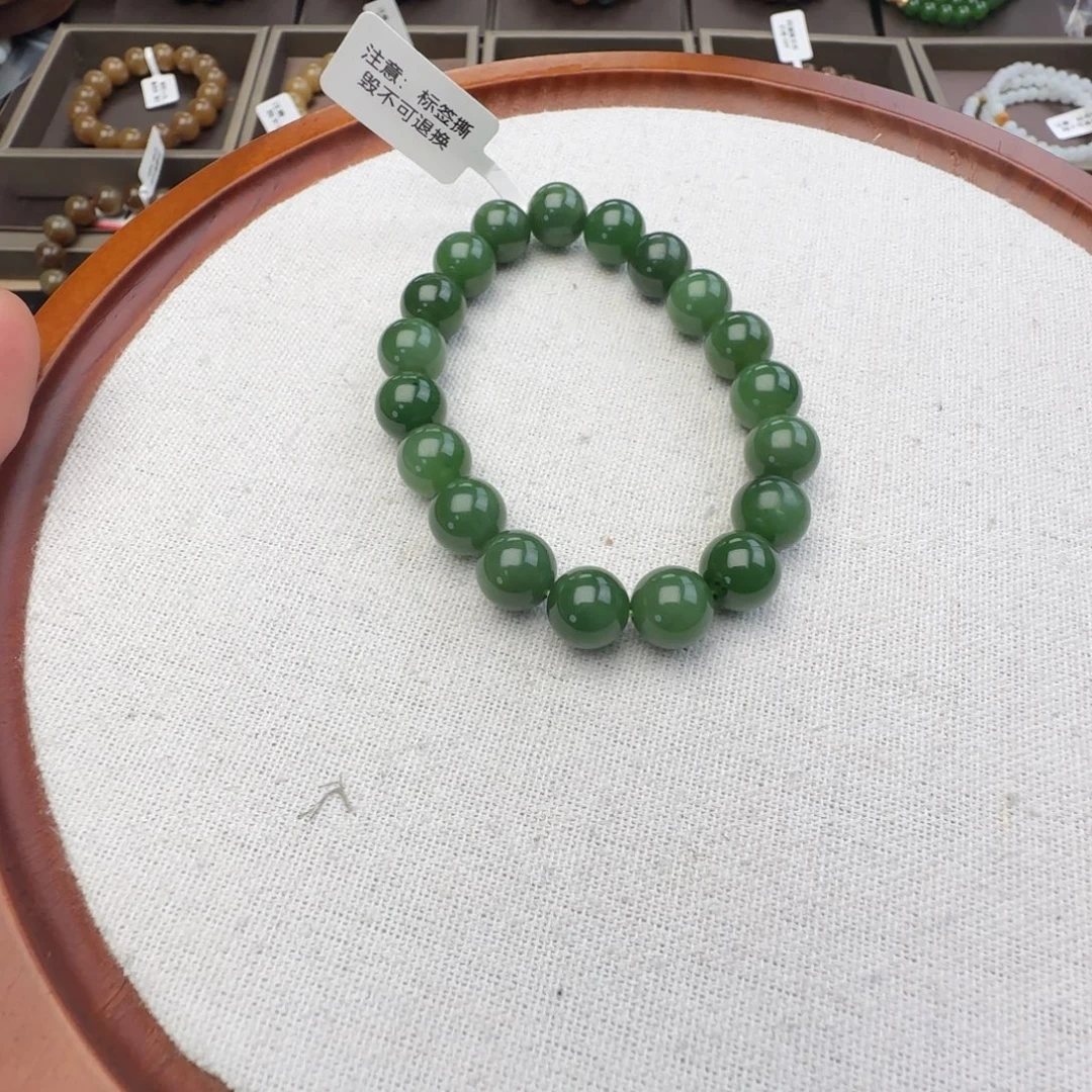 和田玉未镶嵌手链卡10辣阳绿色俄碧微黑点，20