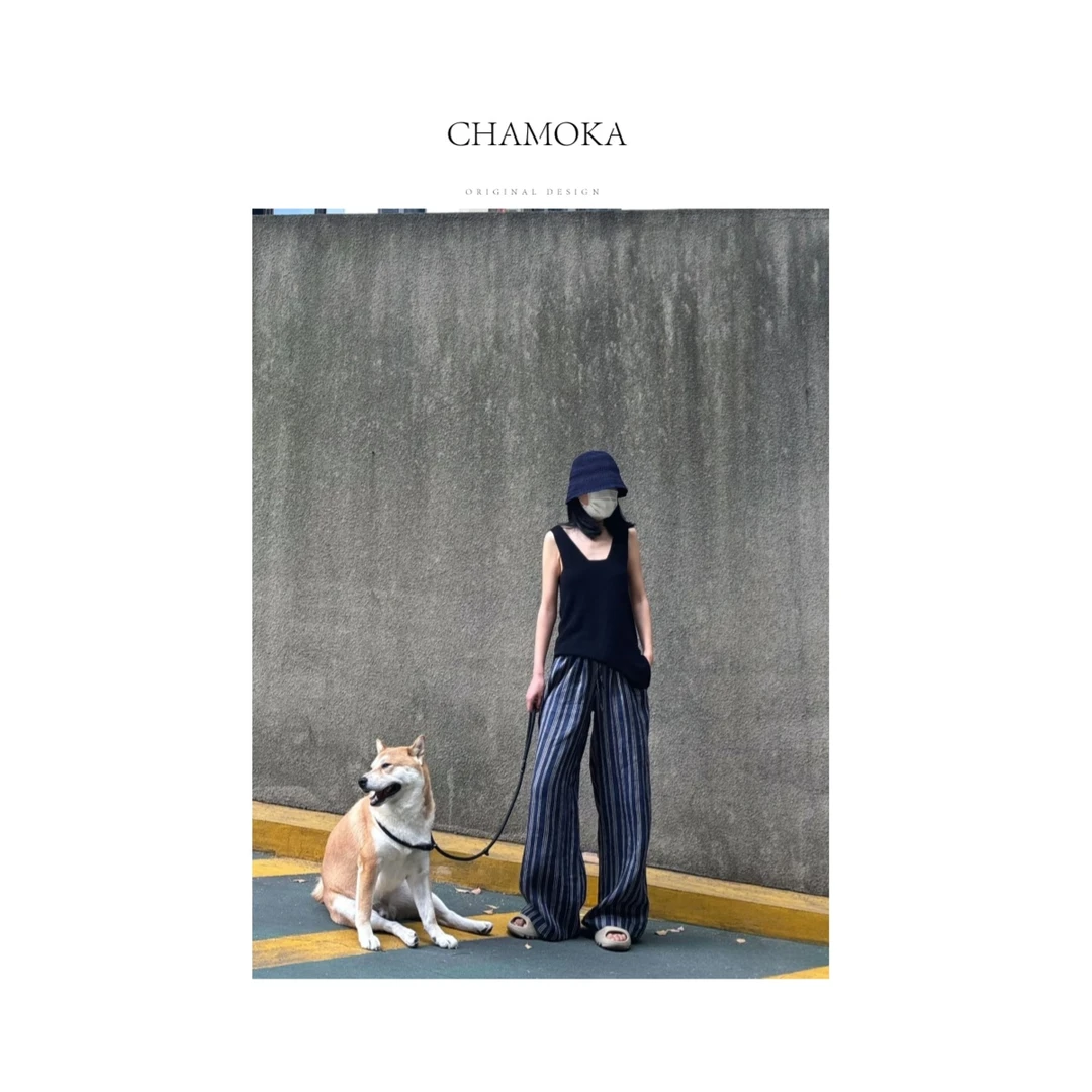 【夏莫卡】轻职风老钱静奢显瘦复古条纹亚麻直筒裤L1071