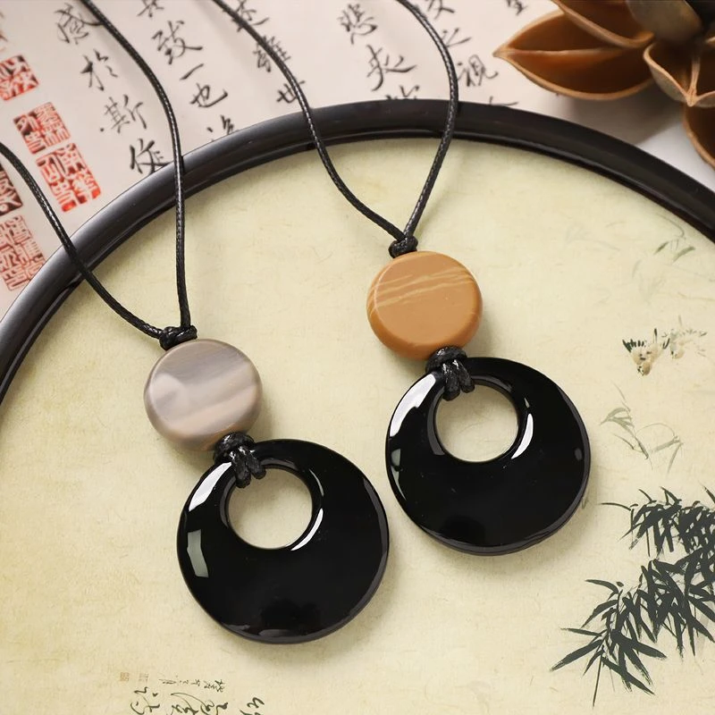 天然石黑玛瑙吊坠简约气质女长款项链新中式小众高级感毛衣链配饰