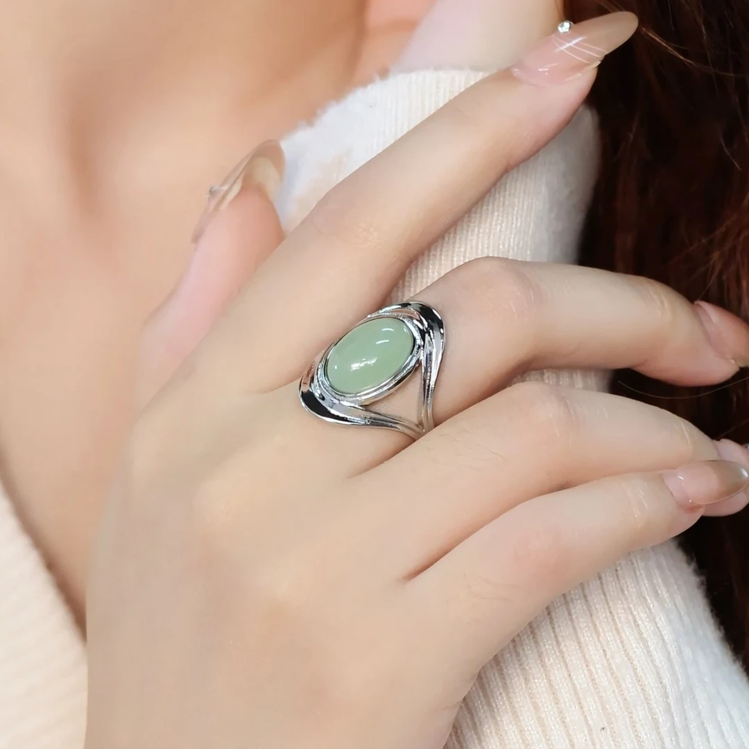 黄铜戒指 椭圆蛋面戒指女复古小众设计百搭新中式古风开口指环