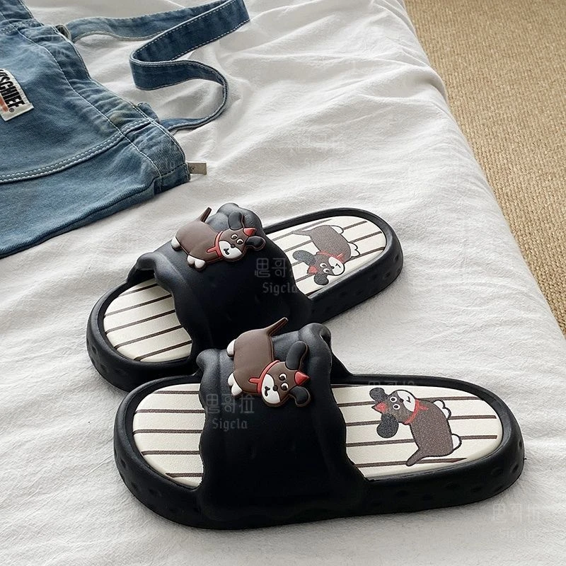 趣味黑色小狗休闲居家eva学生宿舍拖鞋女夏季外穿拼色条纹凉拖