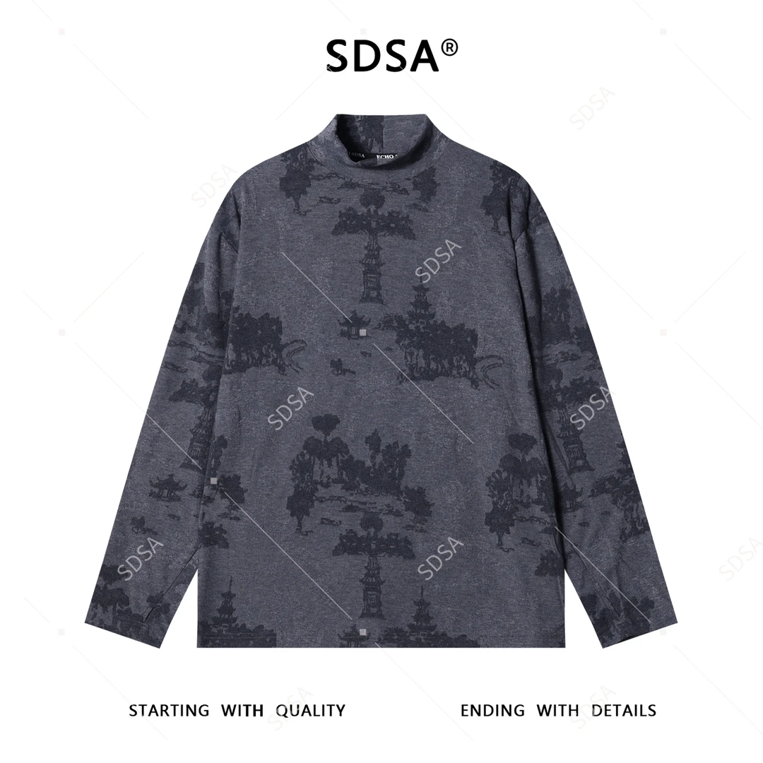 SDSA秋冬新款痞帅男装潮牌简约撞色暗纹提花半高领长袖T恤百搭