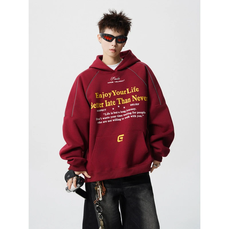 美式男士新款秋季字母印花连帽反光条帅气高颜值时尚潮流百搭卫衣