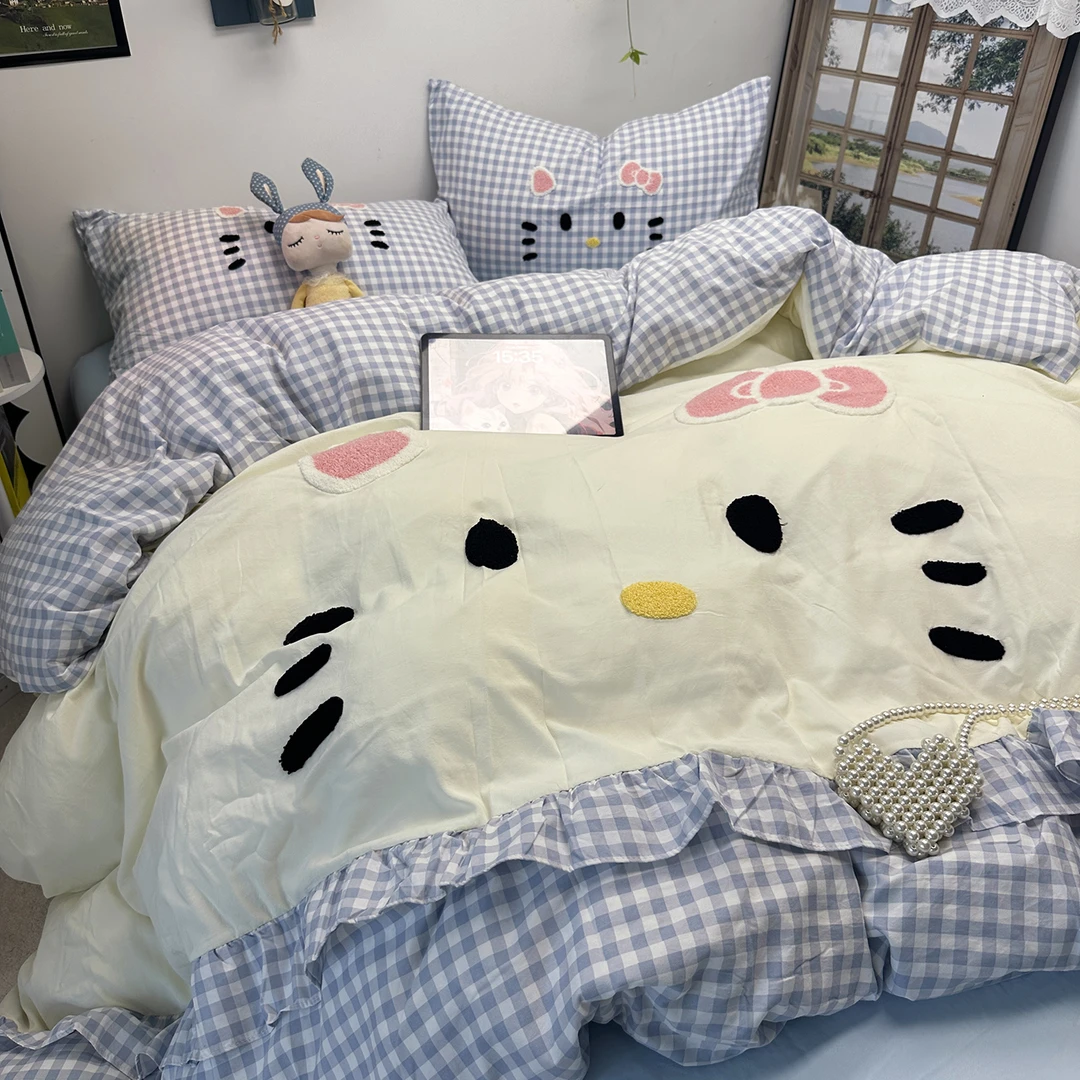 韩版可爱猫咪四件套毛巾绣花边被套少女心裸睡被罩床单宿舍三件套