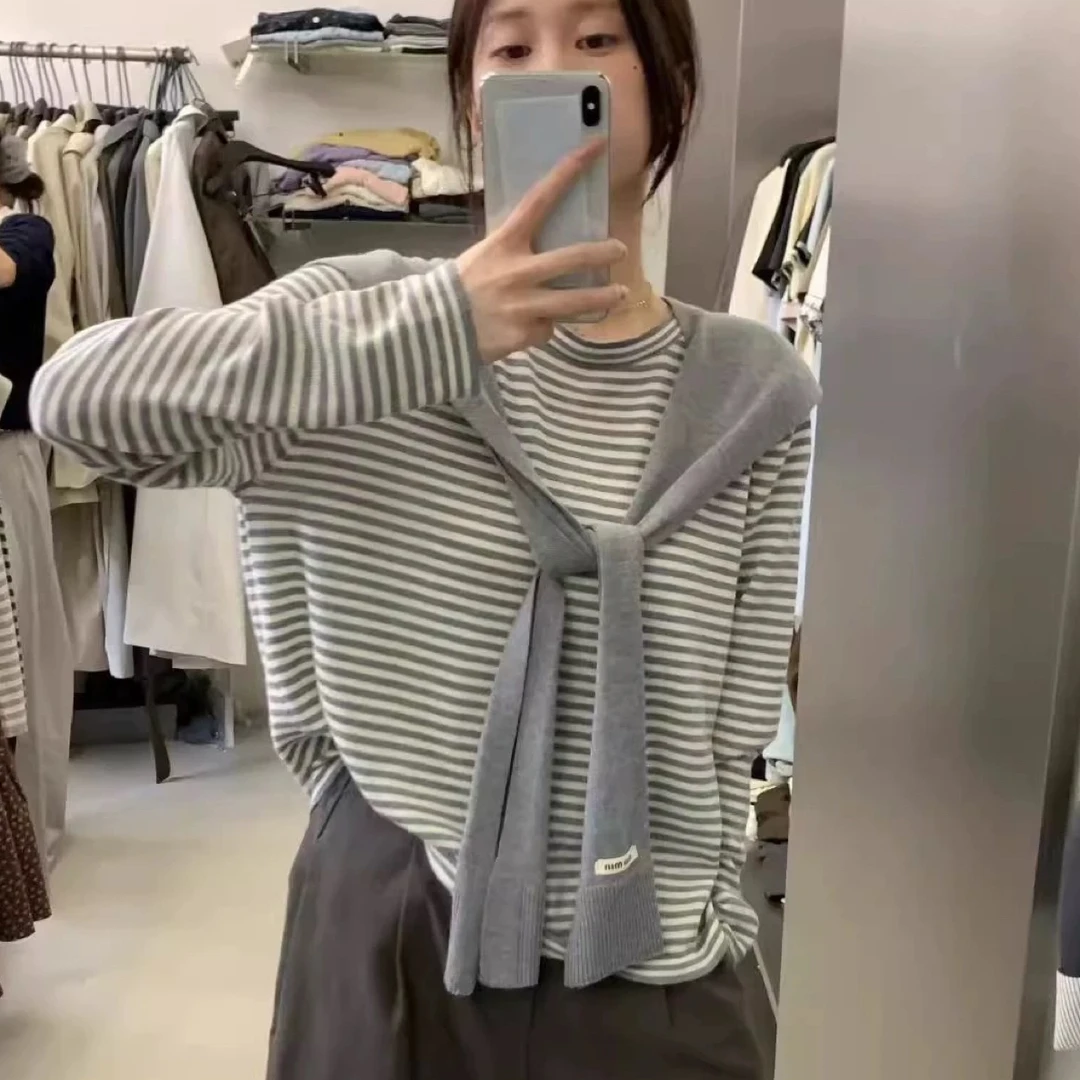 韩系慵懒风带披肩条纹针织T恤衫女长袖薄毛衣打底衫秋冬休闲百搭