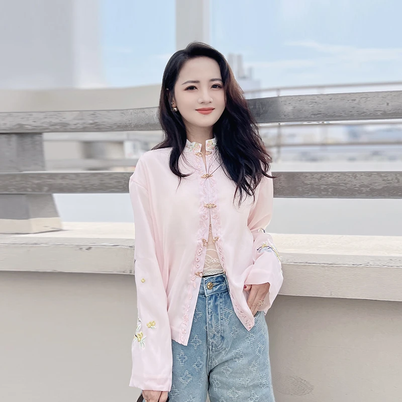 新中式国风 温柔浅粉色 重工宽松显瘦刺绣衬衫