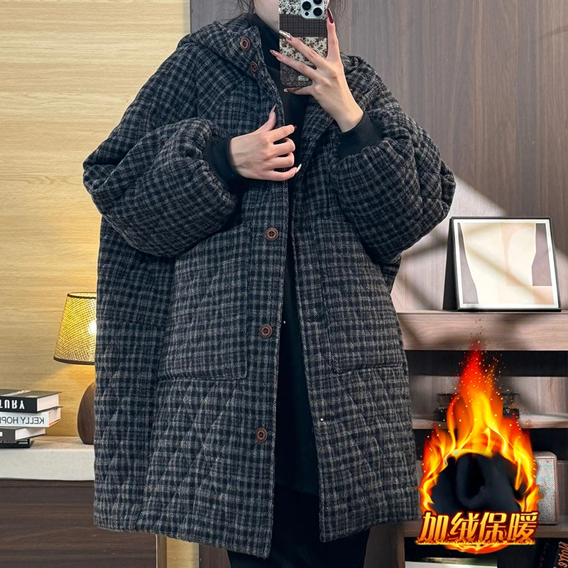 加厚复古文艺格子外套女2025冬季新款小个子休闲连帽大口袋棉服潮