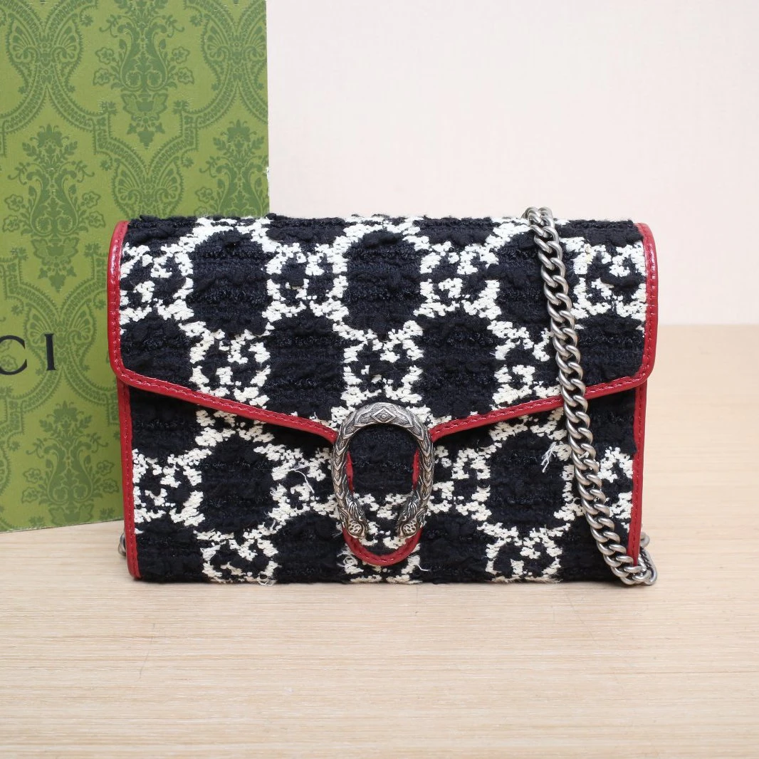 95新 GUCCI/古驰 【黑黑】酒神 Woc 黑白 毛呢 银扣 377078