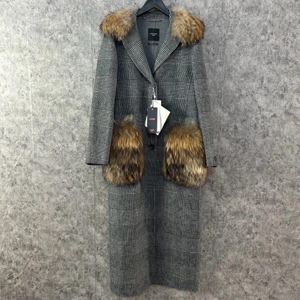 未使用 MaxMara maxmara高价款灰色格纹毛领长款外套