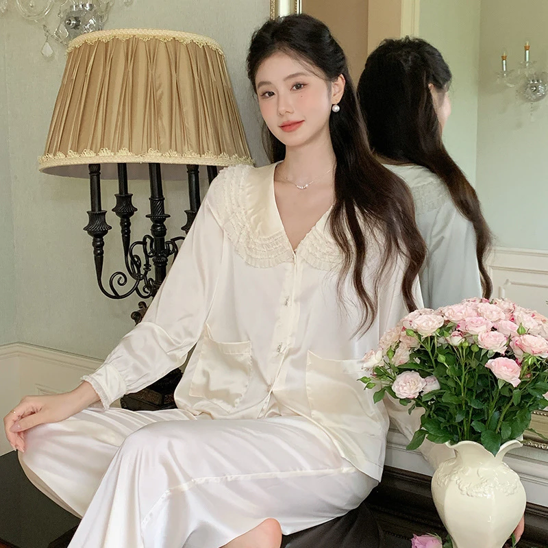 【念芙套装】法式时尚冰丝纯色睡衣女士秋季开衫套装春季新款家居服