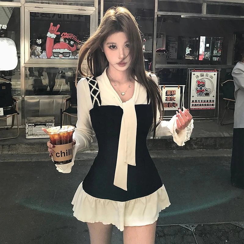 假两件收腰连衣裙女长袖高级2025春季气质裙子D0279