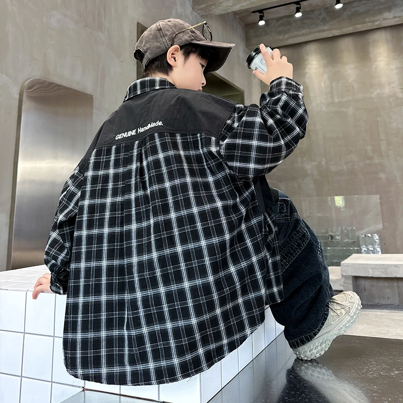 男童秋装衬衫外套春秋款2025新款中大童男孩秋季时髦上衣格子衬衣