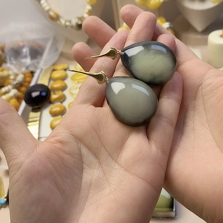 银S925镶嵌绿珀耳饰绿蜜耳坠