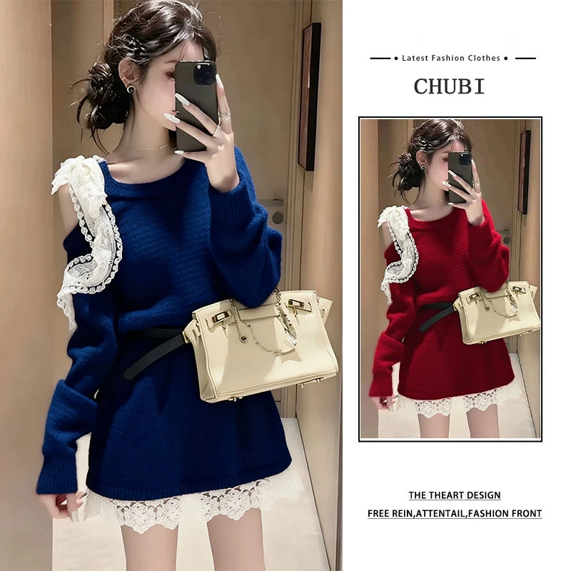 韩系氛围感蕾丝花边针织上衣女2025秋冬新款甜美风软糯厚款毛衣