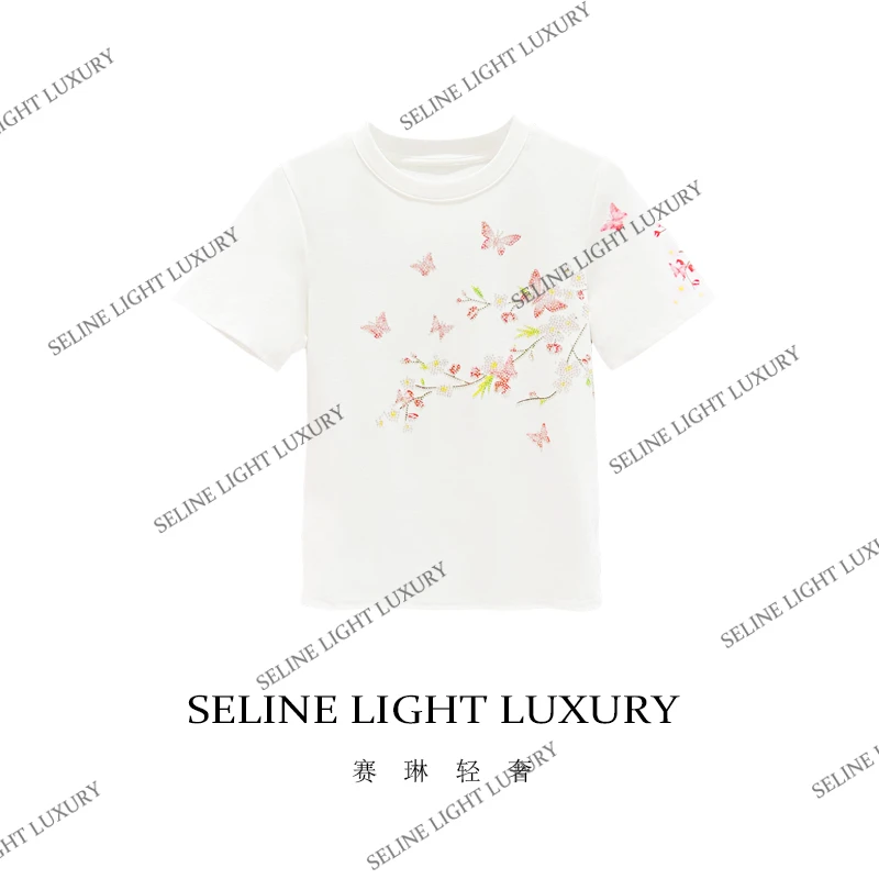 [25C-097] 太  2025 SELINE 原创春日枝头蝴蝶百搭圆领短袖T恤