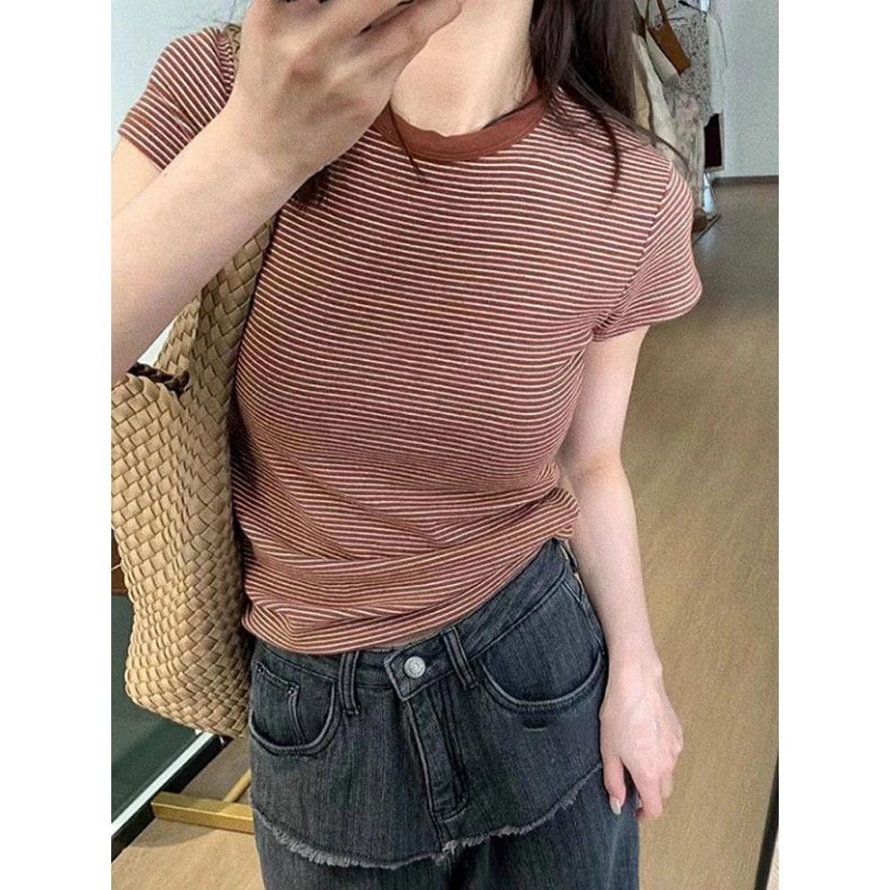 欧货咖色条纹短袖t恤女夏季显瘦短款设计感小众体恤半袖修身上衣