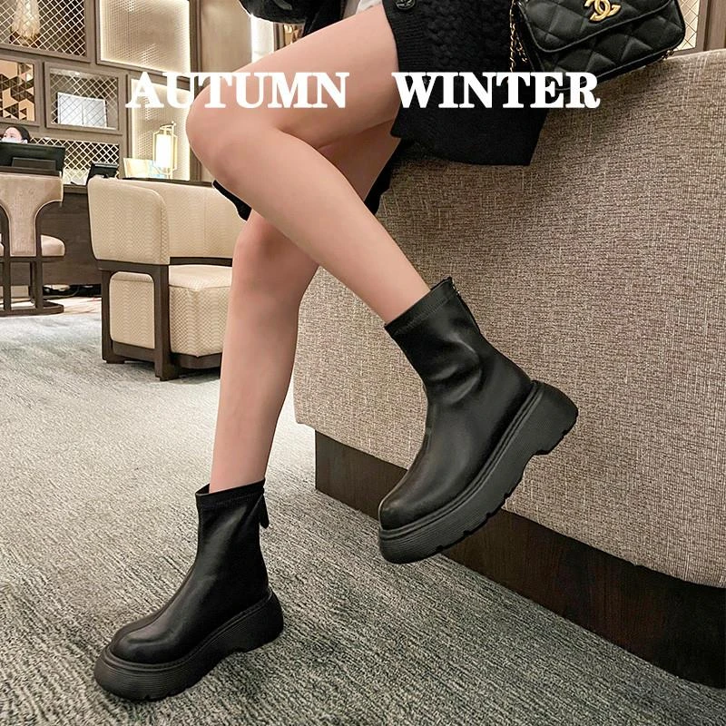 正品黑色切尔西短靴女粗跟厚底靴子秋冬单靴增高瘦瘦高级感马丁靴