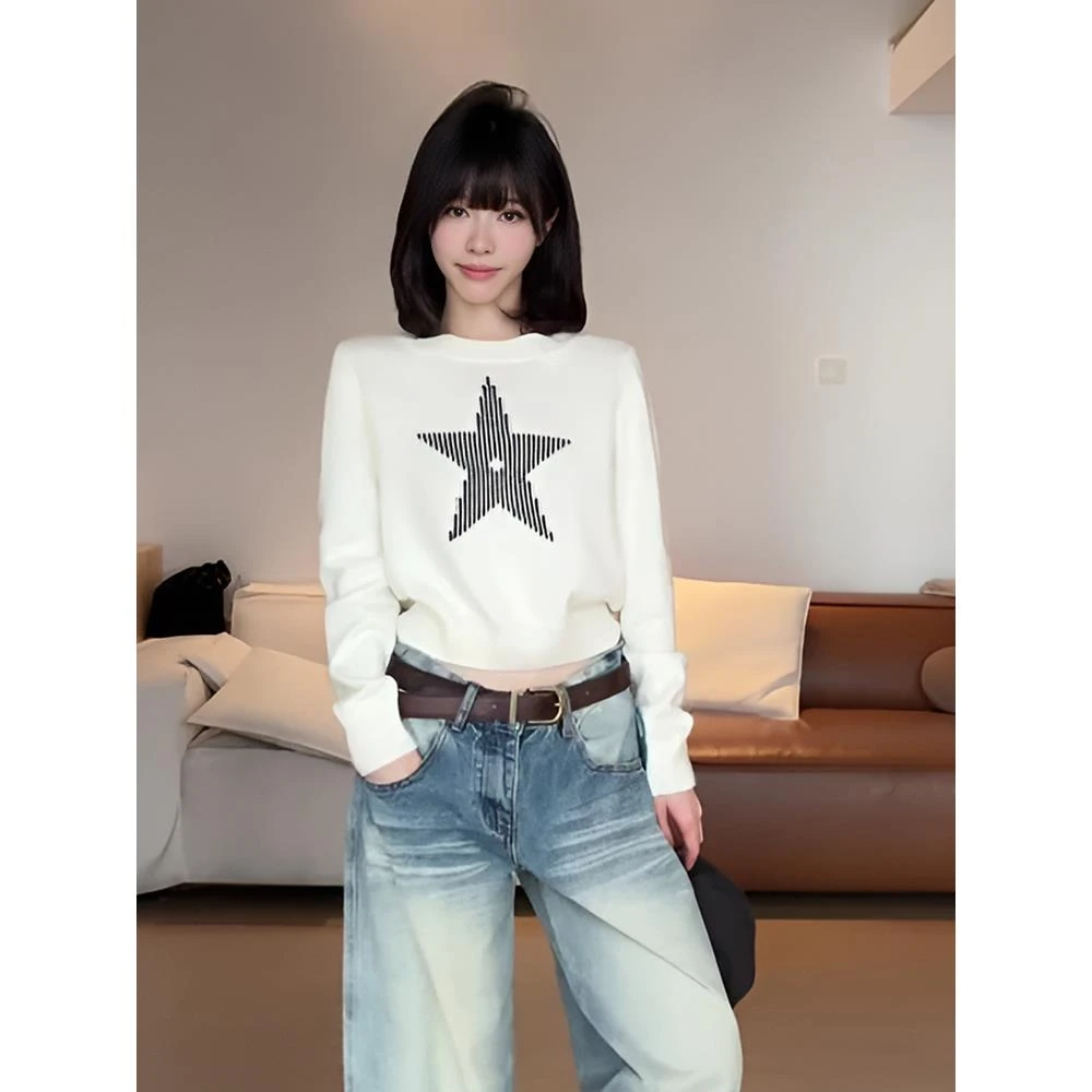 HHY Hello慵懒五角星印花圆领套头毛衣女秋季宽松长袖针织衫上衣