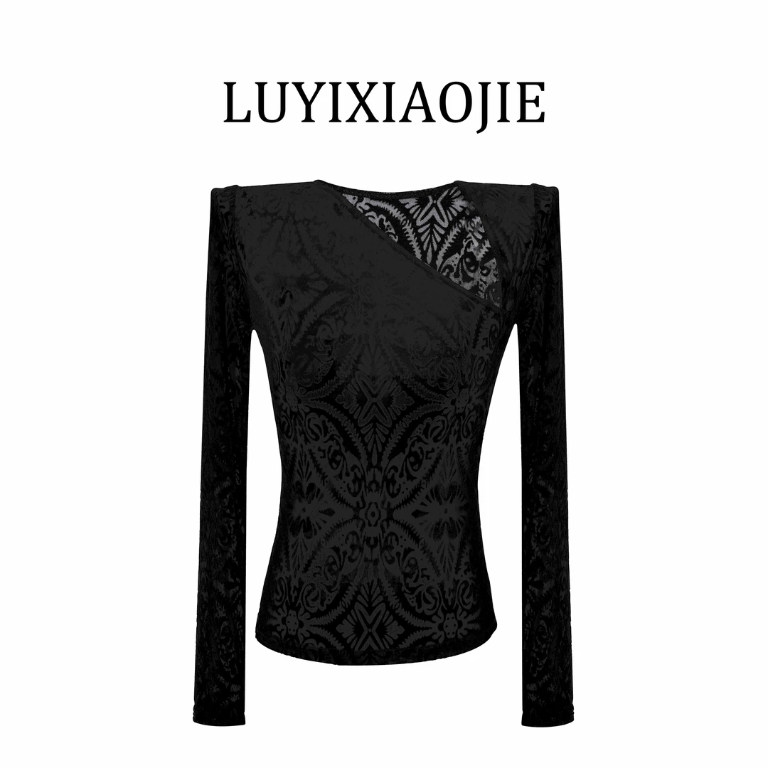 LYXJ【利娅欧教堂】秋季丝绒气质斜领口上衣10888