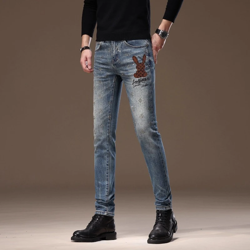 印花牛仔裤男修身蓝色秋冬厚款烫钻高端欧货弹力小脚2025新款长裤
