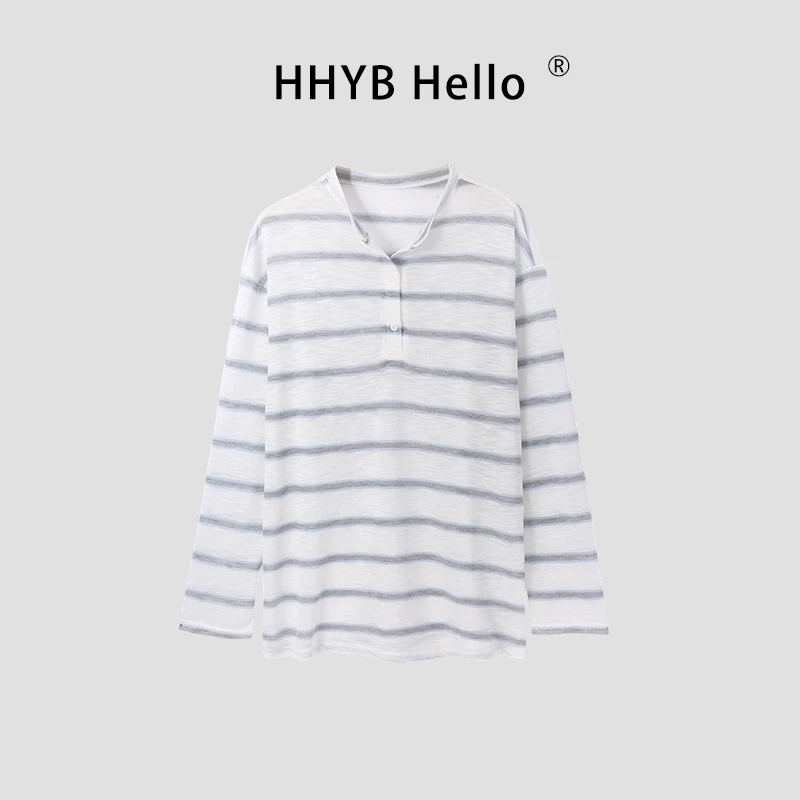 HHYB Hello2025夏季新款条纹半开领休闲宽松舒适长袖T恤女250747