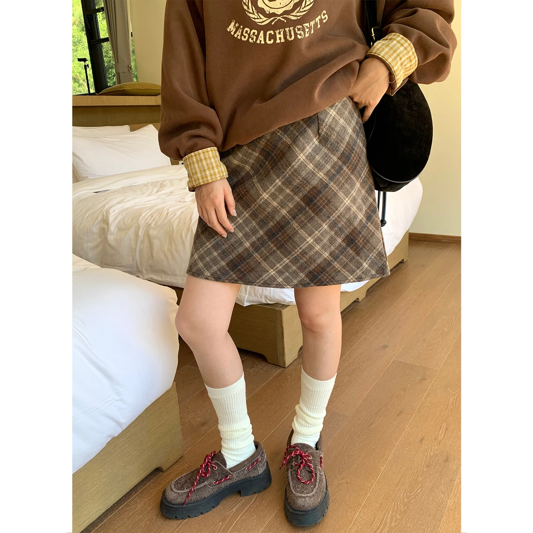 NIDEBLACK韩系少女灰色a字毛呢格子半身裙女秋季高腰显瘦包臀短裙