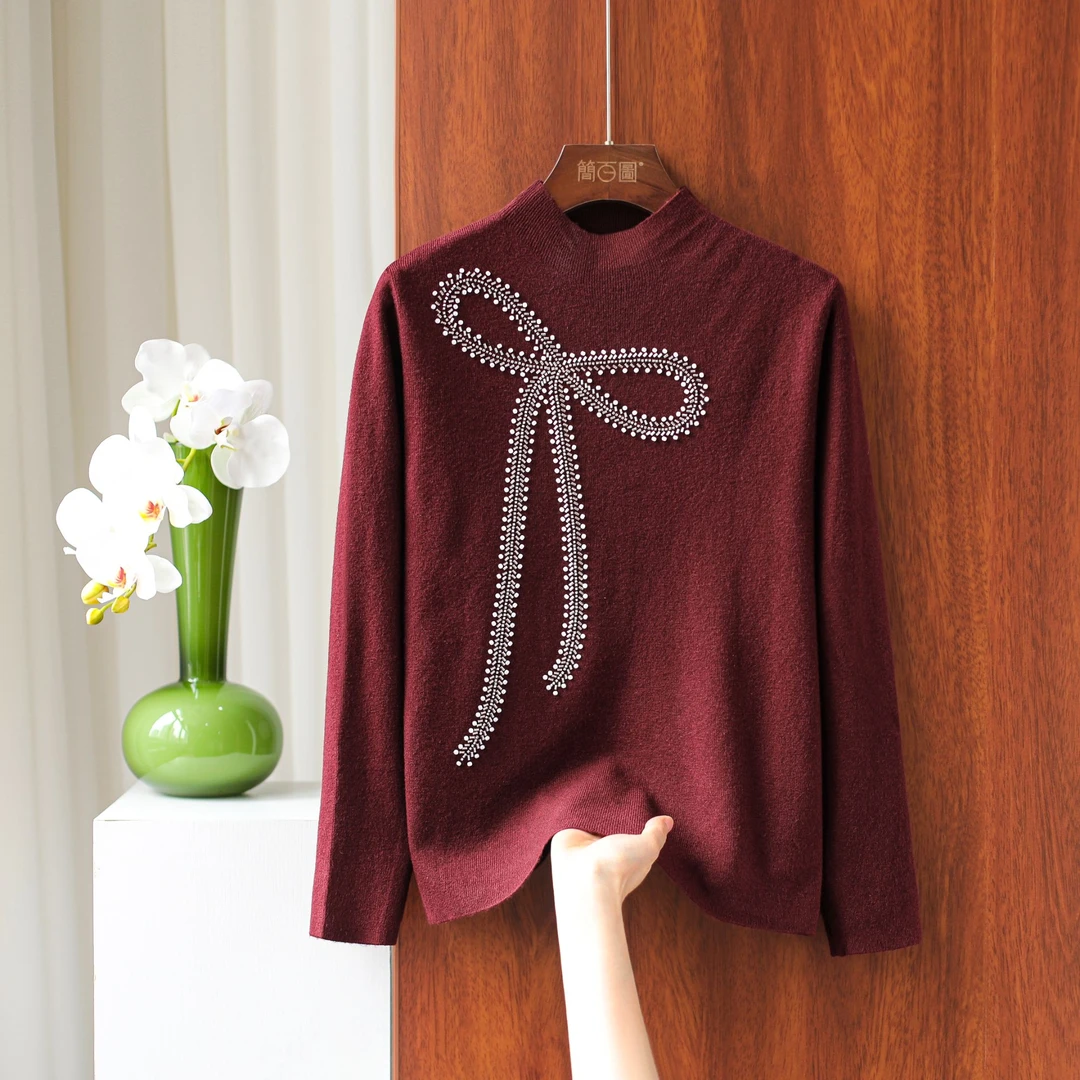 2025秋冬新中式保暖宽松型半高领重手工钉珠蝴蝶毛衣气质显瘦