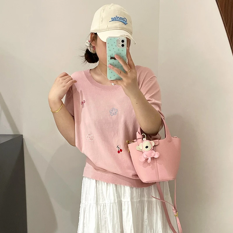 大码女装圆领上衣女刺绣针织衫2025夏款胖mm休闲宽松短袖t恤22960