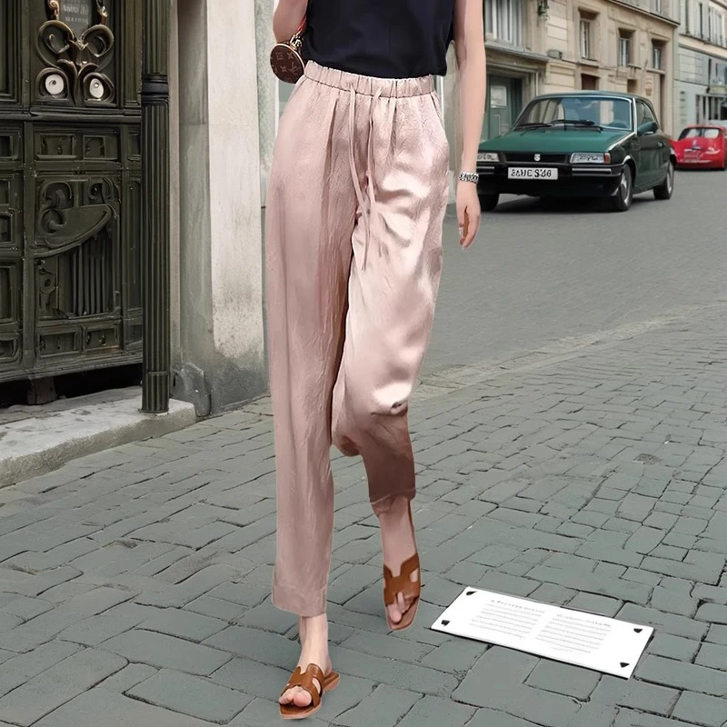 缎面垂坠感裤子女2025新款小个子哈伦裤高腰显瘦九分百搭直筒裤