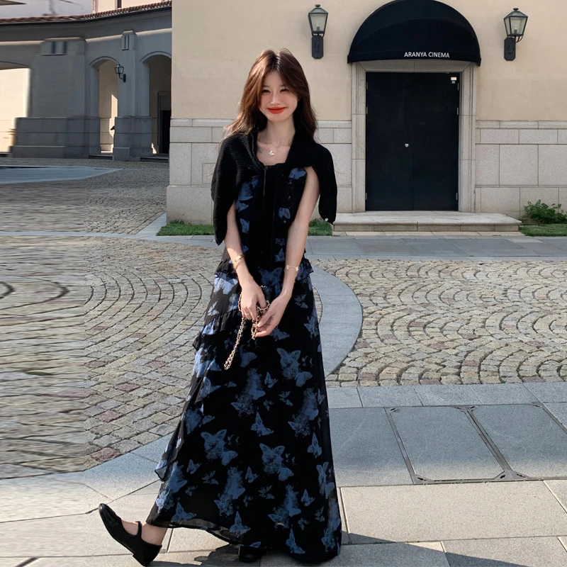 法式轻熟风蝴蝶印花吊带裙开衫2025夏季新款复古气质轻奢显瘦套装