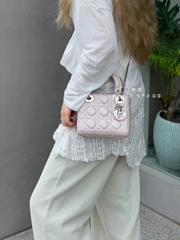 95新 DIOR/迪奥 8802 珠光粉三格戴妃手提斜挎包