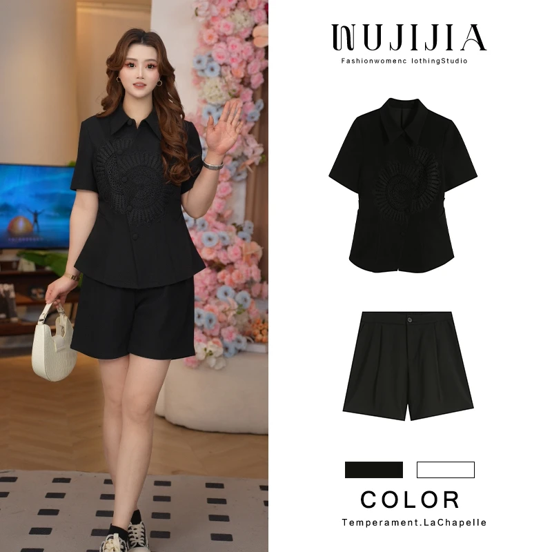 五季家大码设计感气质优雅显瘦上衣显瘦短裤两件套套装ZL105780