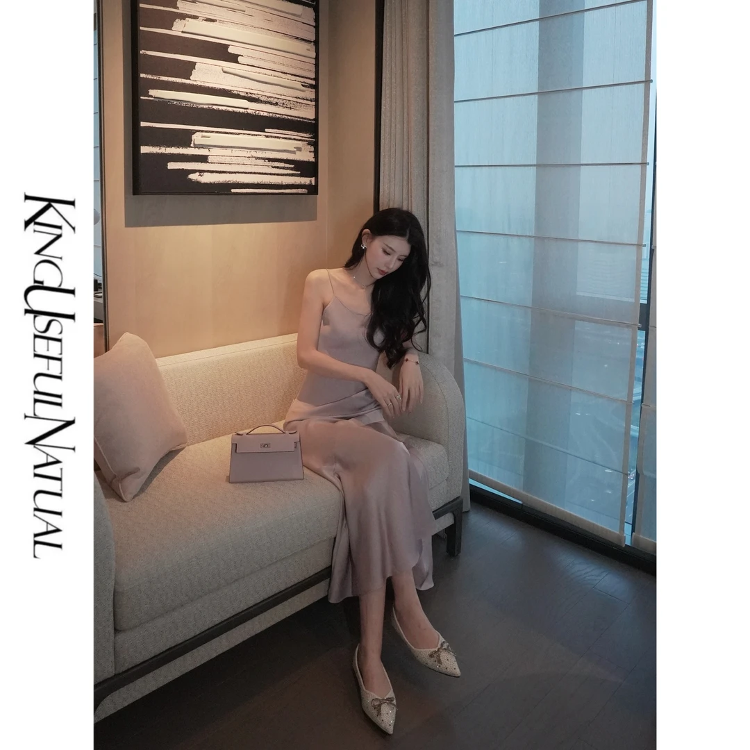 KUN【月桂】淡雅迷人 紫色缎面吊带连衣裙女显瘦气质长裙子春季新款