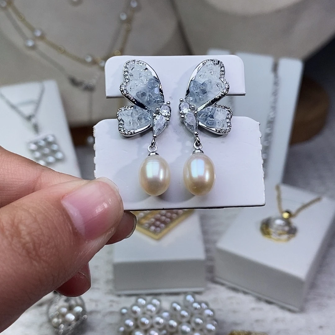 耳饰银S925镶嵌淡水珍珠