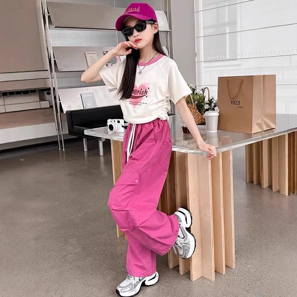 女童夏装套装2025新款洋气时髦夏季短袖大童休闲工装裤长裤两件套