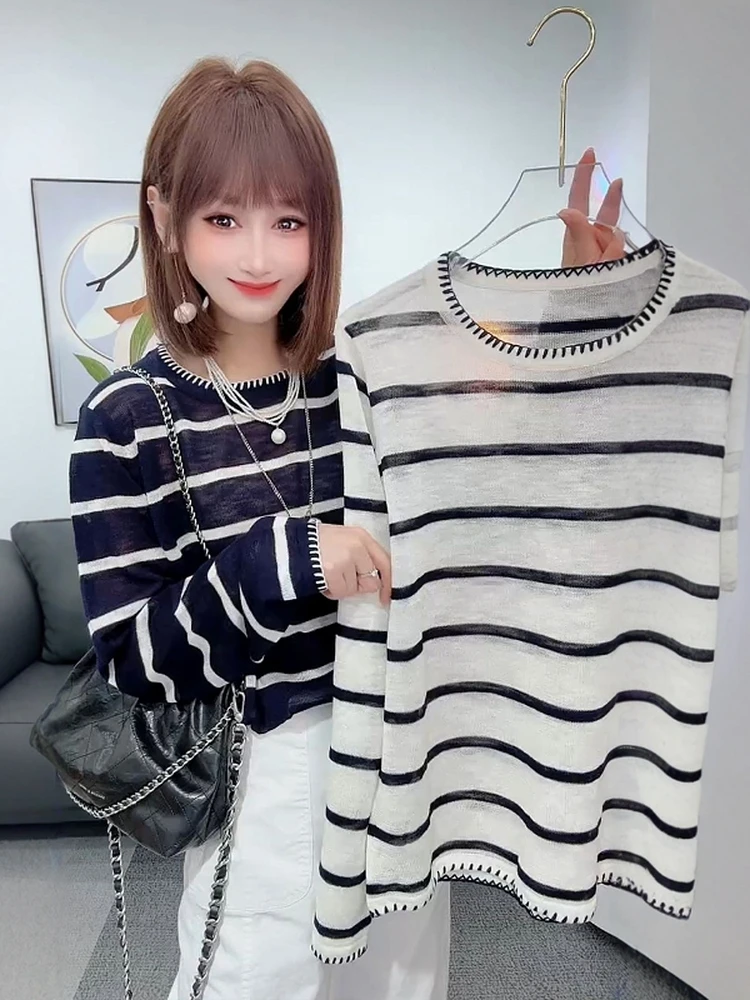 流行穿搭单件女2025早秋新款时尚韩版条纹气质圆领宽松长袖针织衫