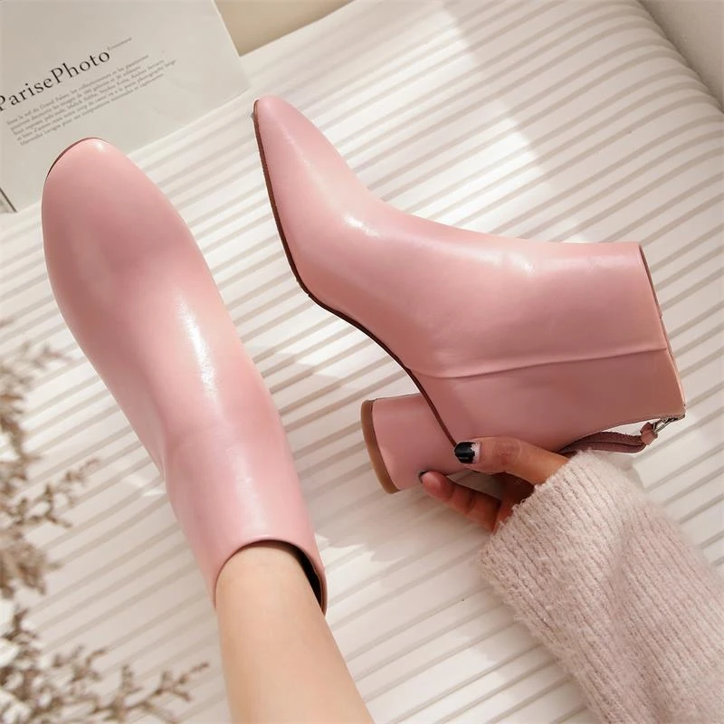 粉色丁靴2019新款韩版时尚粗跟休闲短靴简约百搭裸靴女春秋单靴