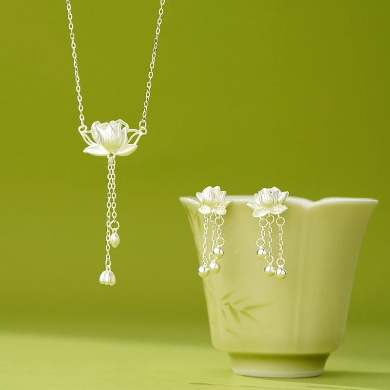 金瑞诚 坠链均足银 999纯银项链女莲花流苏复古中国风吊坠气质链