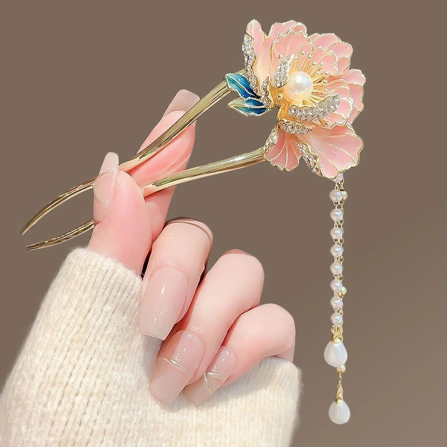 国风高档牡丹花发簪新款步摇古风流苏盘发簪子发饰发卡中式发钗子