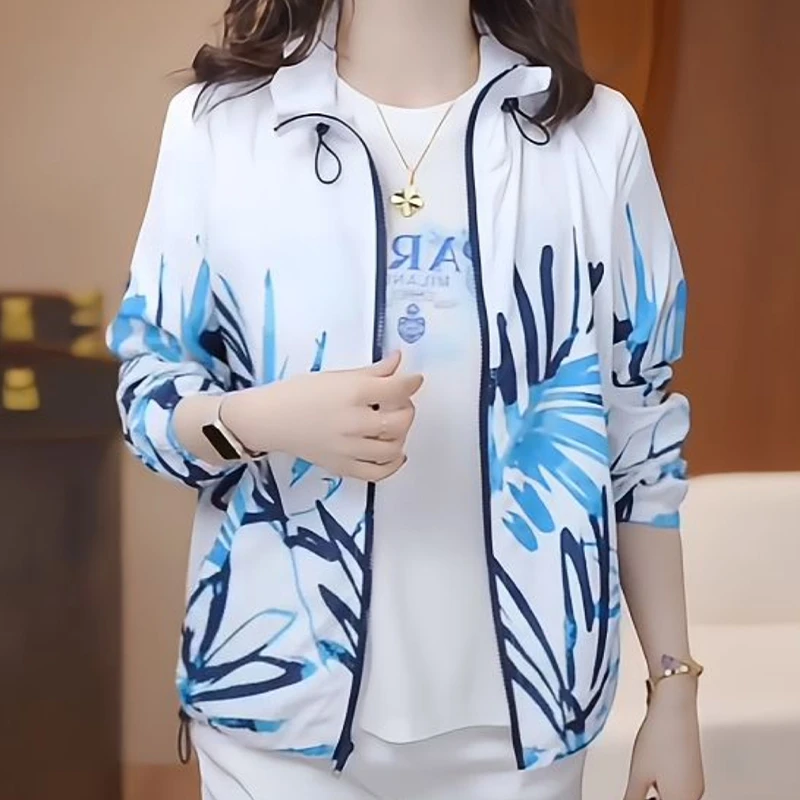 2025夏季新款高级感印花立领薄外套女士休闲拉链宽松防晒衣女