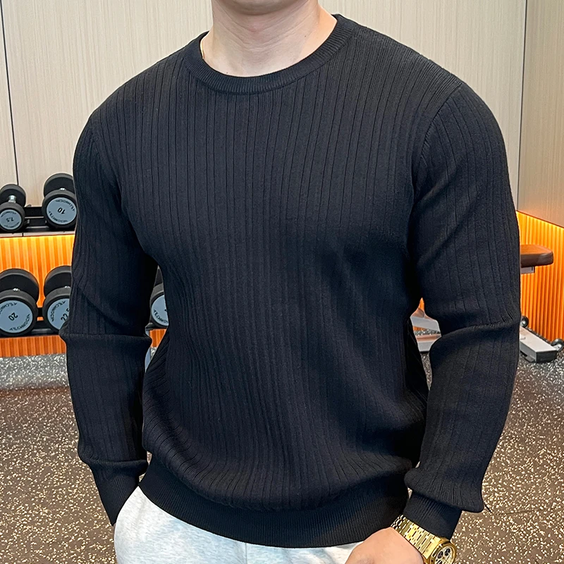 轻奢风圆领秋冬毛衣男士长袖坑条针织衫百搭保暖简套头衫打底衫
