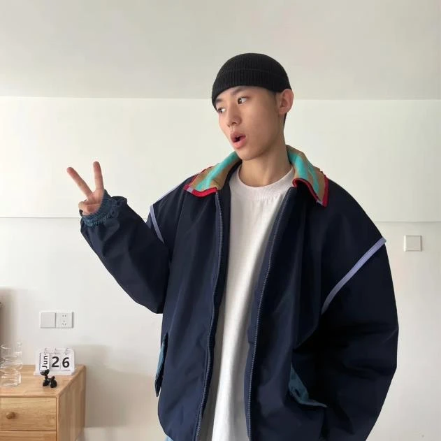 男装秋冬新款美式复古撞色小众设计感双领翻领夹克男女宽松休闲