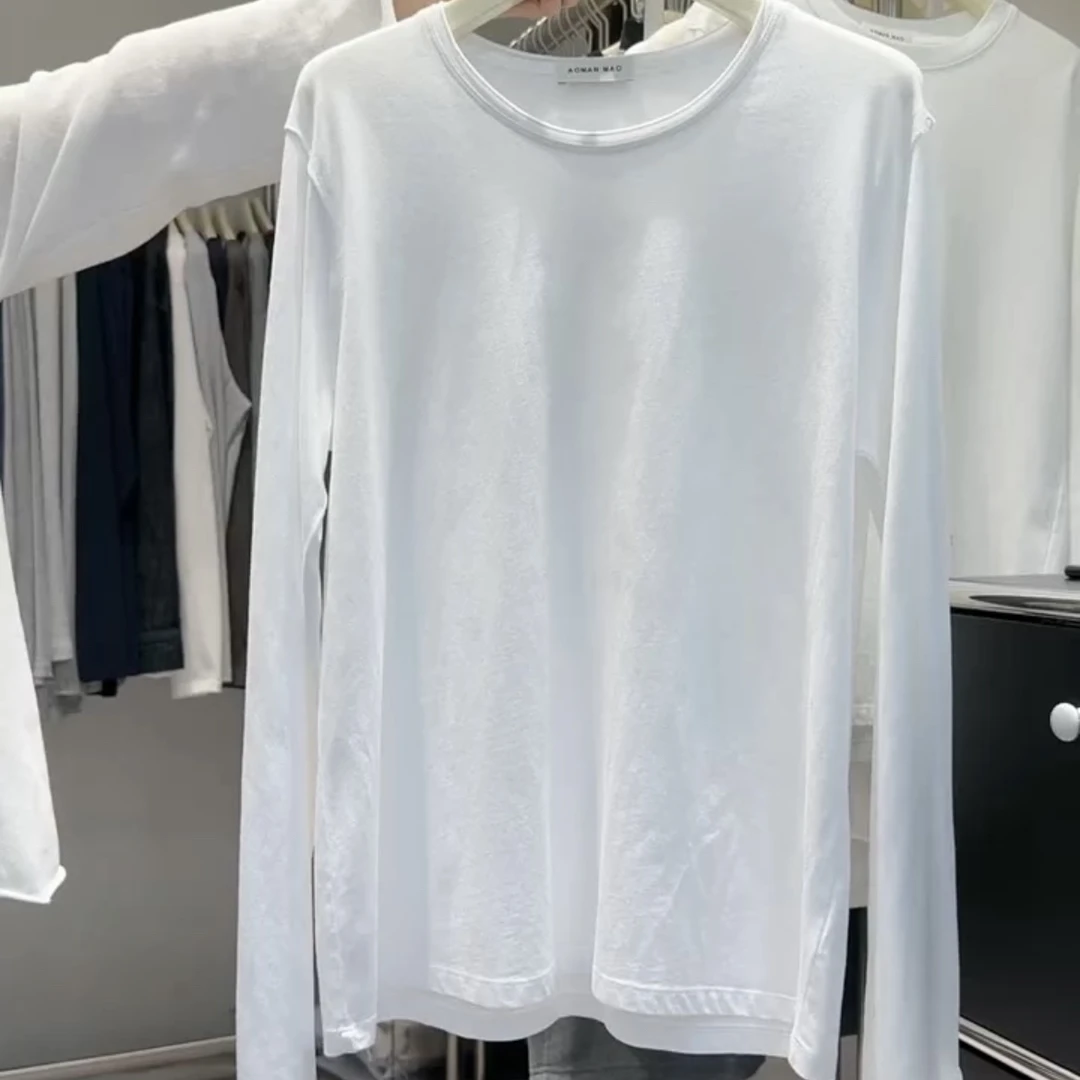 长袖抗起球女T恤纯色磨毛长袖t恤印花宽松圆领白色