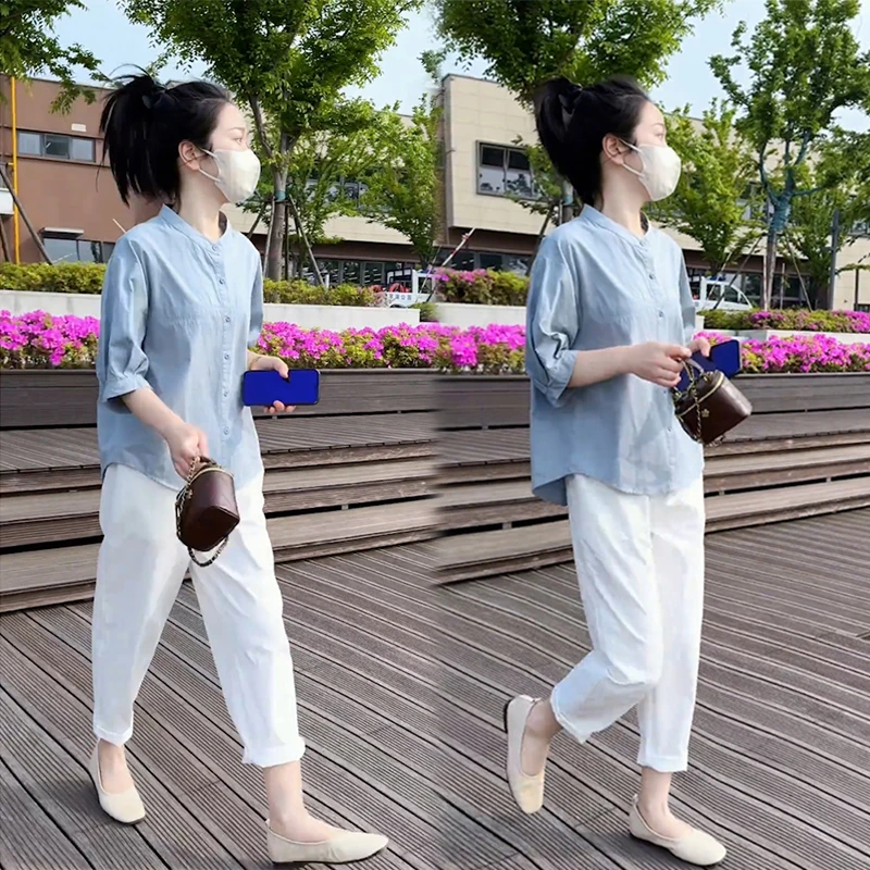 小众不撞款夏季欧货洋气时尚休闲职业小个子衬衫阔腿裤两件套装女