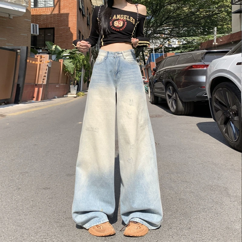 2025夏天上新新款美式街头做旧浅色水洗抓痕复古磨白直筒阔腿牛仔