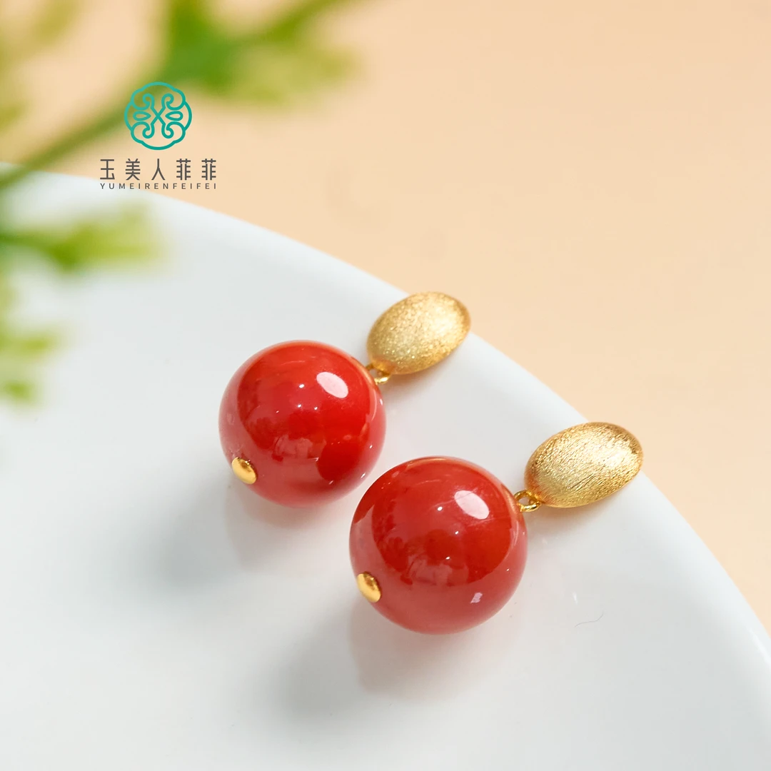 石惑珠宝*南红圆珠耳坠约13mm