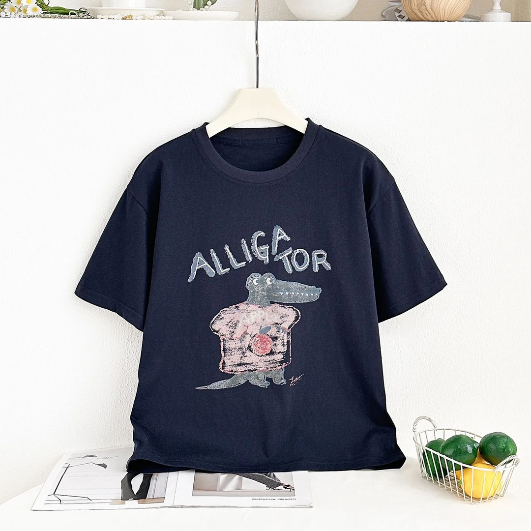 0457【夏季新款】胸前卡通印花苹果小鳄鱼宽松百搭圆领T恤（25211）