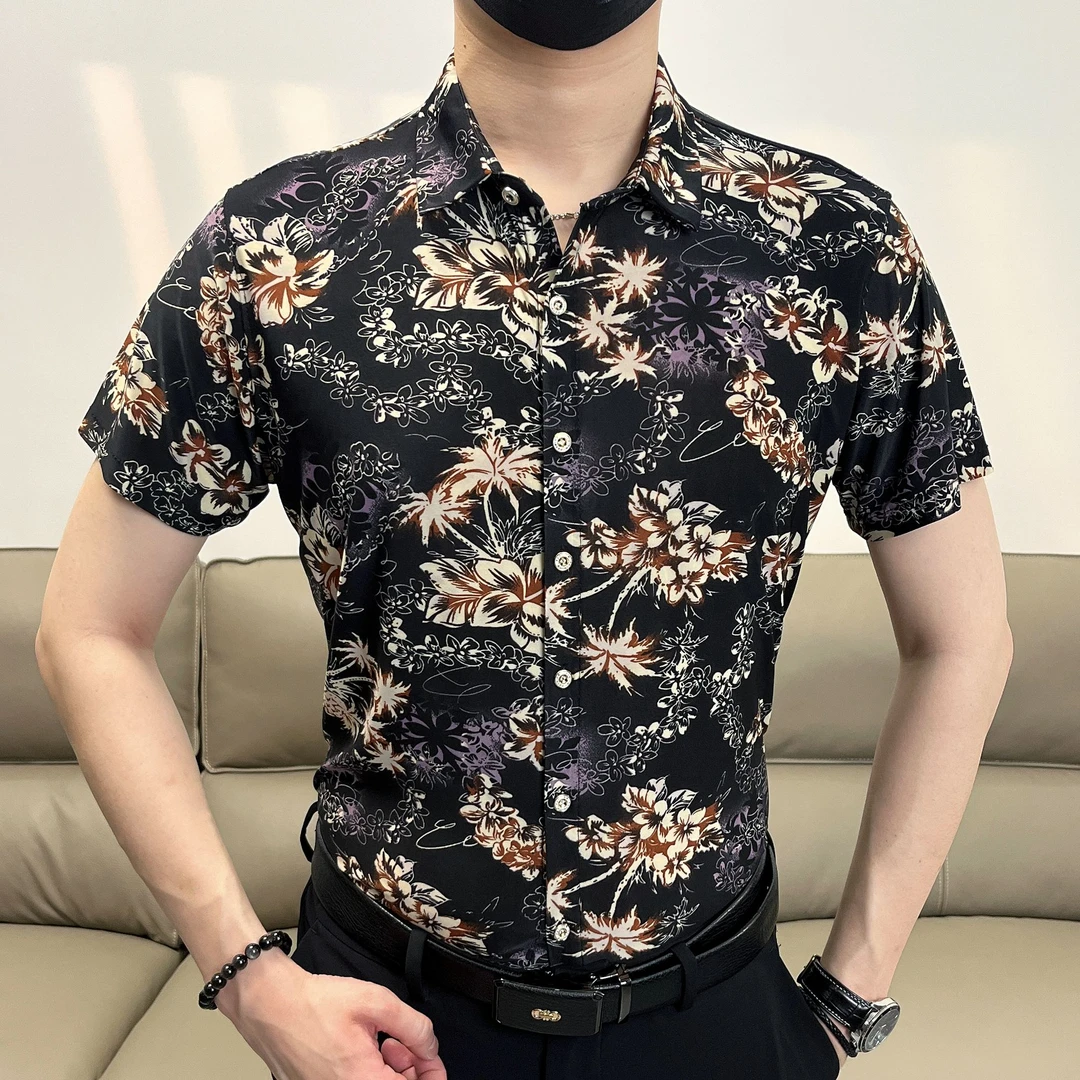 夏季新款中老年男冰丝凉感时尚无痕免烫宽松休闲印花衬衫短袖衬衣