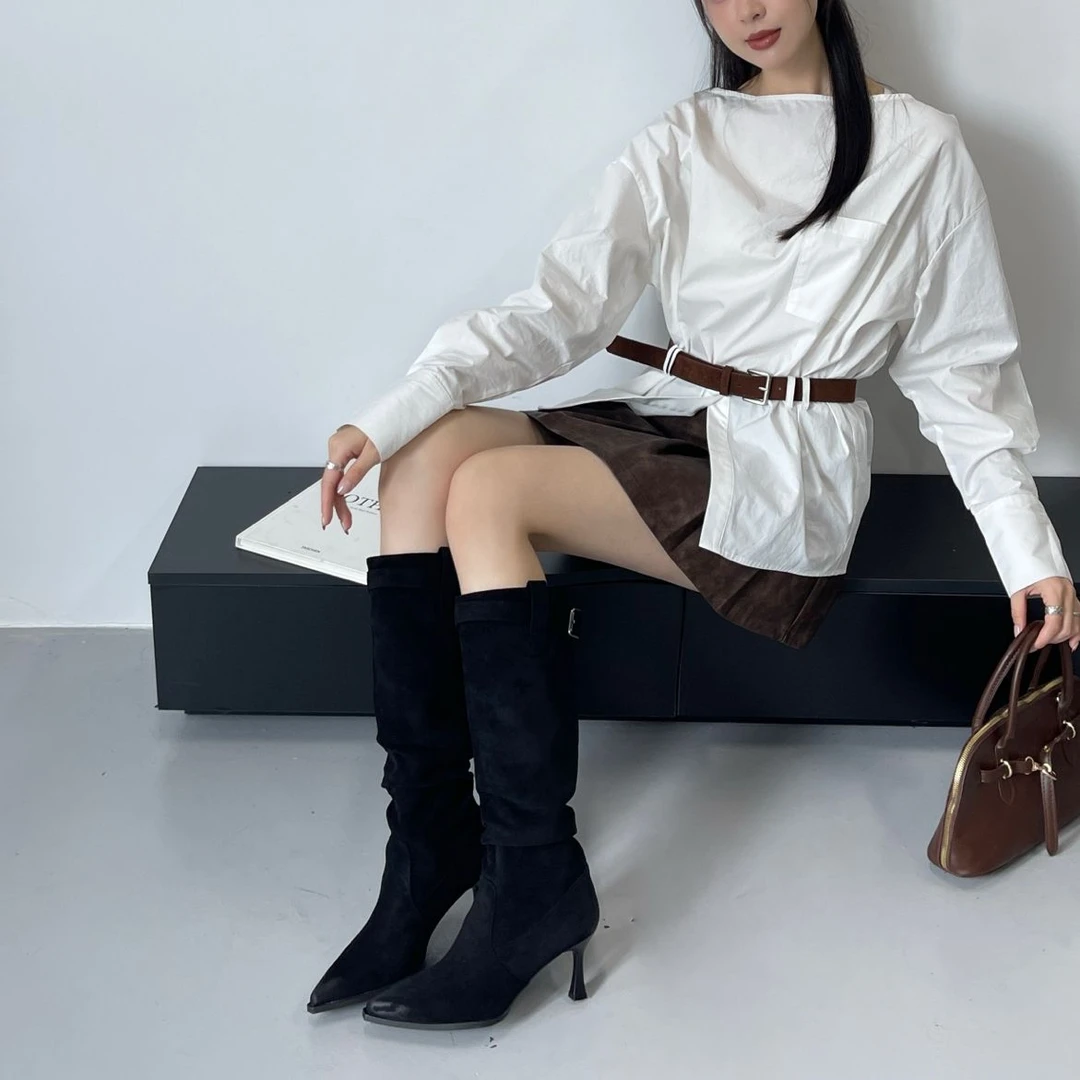 杜米亚皮带扣绒面高级感复古7cm擦色堆堆靴D73100-26